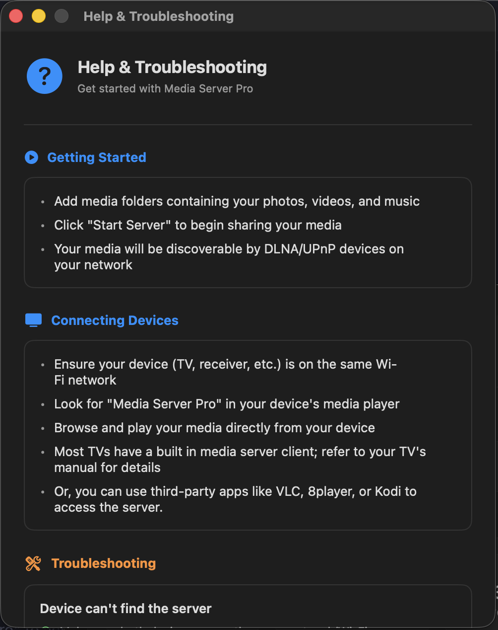 Media Server Pro Help and Troubleshooting window with setup and connection advice.