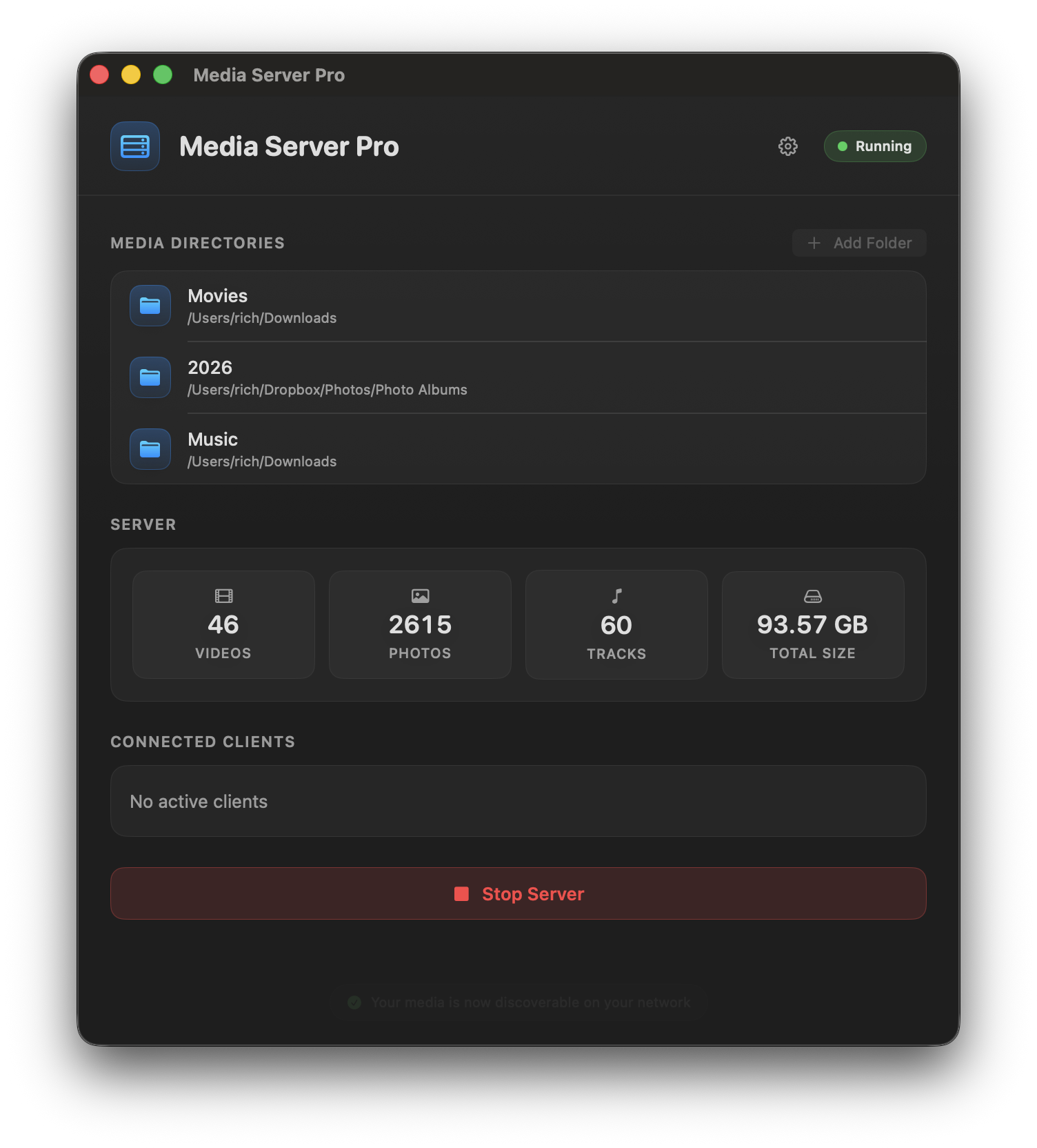 Media Server Pro running with Movies, 2026 photos, and Music folders, plus video, photo, and track counts.