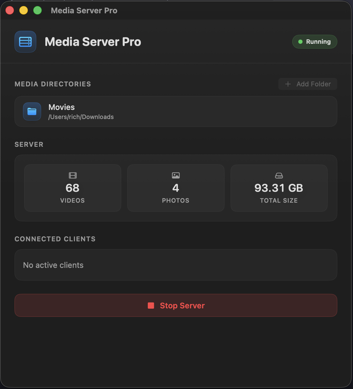 Media Server Pro running on macOS with a shared Movies folder and server status.